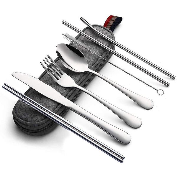 

7pcs dinnerware set travel cutlery reusable silverware with metal straw spoon fork chopsticks kitchen accessory case flatware sets