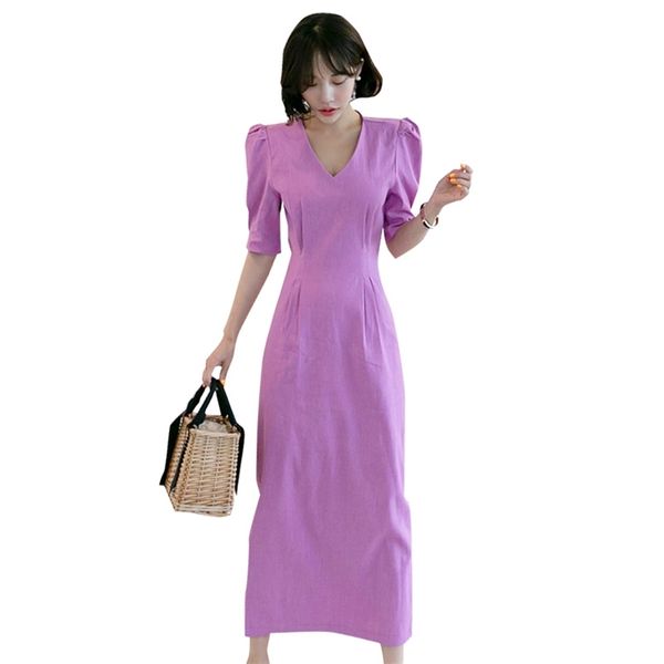 Lila Langes Kleid für Frauen Sommer In Kurzarm V-Ausschnitt Polyester Sexy Damen Offcie Party Maxikleider 210602