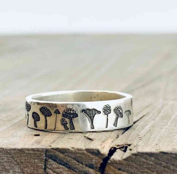 

new vintage mushroom ring for women men bohemian delicate handmade carved flower engagement wedding band jewelry gift, Silver
