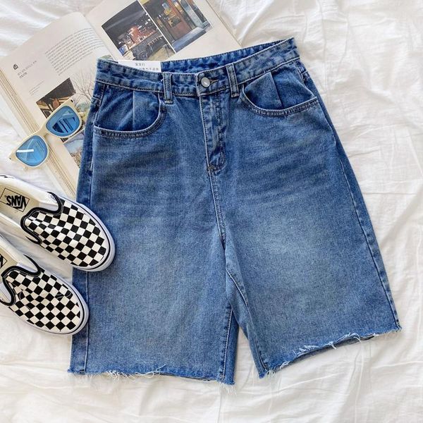 

women's jeans ripped denim shorts white blue summer high waist loose thin versatile straight casual capris