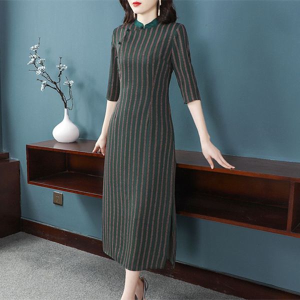 

dress brand qipao spring summer vintage party event women striped pattern bodycon sheath dress 50s 60s, Black;gray