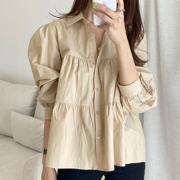 

women's polos korea chic simple and versatile lapel single-breasted wrinkle stitching design loose puff sleeve shirt women, White