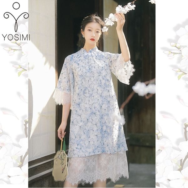 

yosimi summer women dress blue lace mid-calf half sleeve midi straight chinese style evening party cheongsam elegant 210604, Black;gray