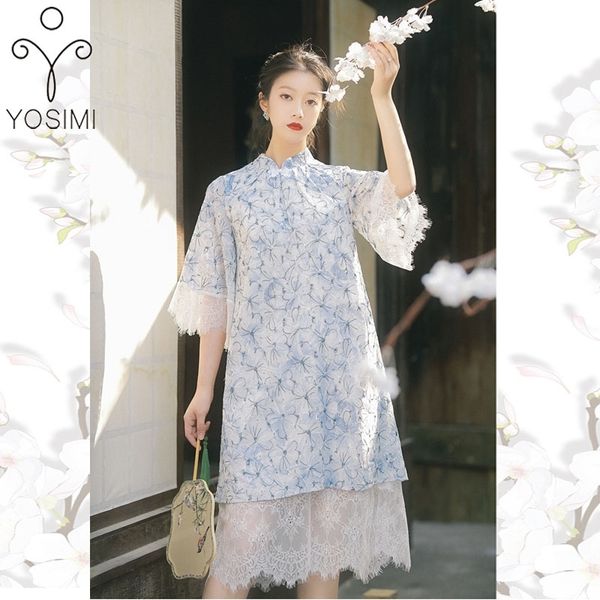 Yosimi Verão Mulheres Vestido Azul Lace Mid-Bezerro Meia Manga Midi Straight Style Chinese Partido Da Noite Cheongsam Elegante 210604