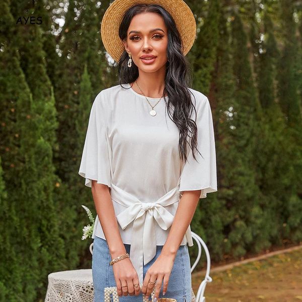

women's blouses & shirts summer women white blouse flare sleeve o neck pullover chic lace up bowknot solid clothes