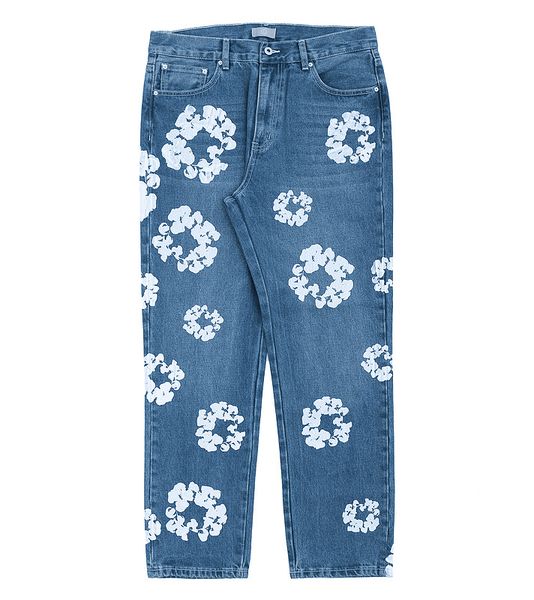 

2021aw west white flower denim pants men women couple straight oversized hip-hop high street kanye jeans, Blue