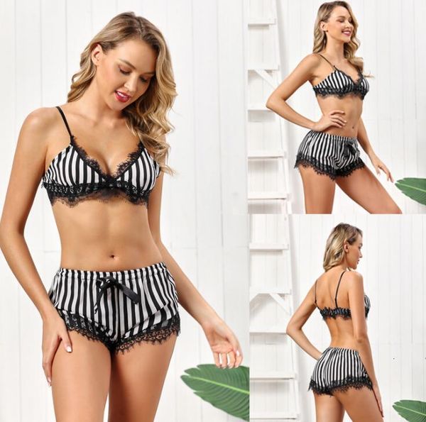 

women's sleepwear bras sets striped print pajama lace v-neck pyjamas sleeveless cute cami bra and shorts underwear set, Red;black