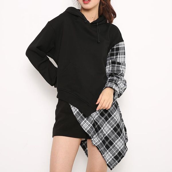 

plaid loose fit irregular sweatshirt round neck long sleeve women big size fashion tide spring autumn 2021 1da11101 women's hoodies & s, Black