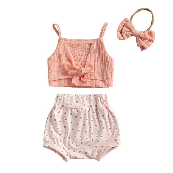 

girl's three piece set, infant's lace up halter flower printing elastic shorts bow tie hair band clothing sets, White