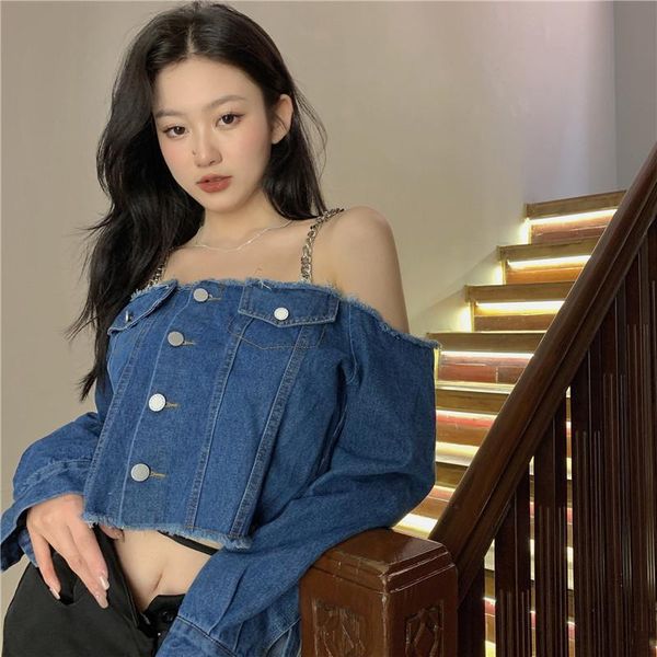 

women's jackets metal chain sling denim jacket one shoulder washed edging retro women long sleeve single-breasted jeans coat female, Black;brown