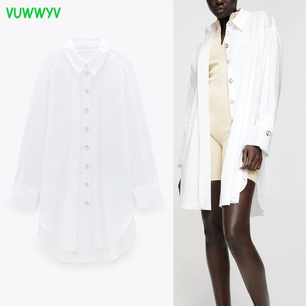 VUWWYV Weißes übergroßes Maxi-Button-Up-Longshirt für Damen, schickes lässiges Streetwear-Overshirt, volle Ärmel, asymmetrischer Saum, Tops 210430