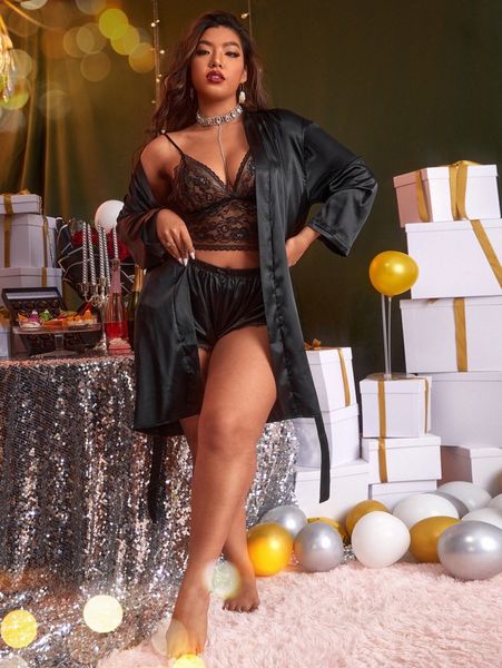

plus lace cami & satin shorts & belted robe v87d#, Black;white