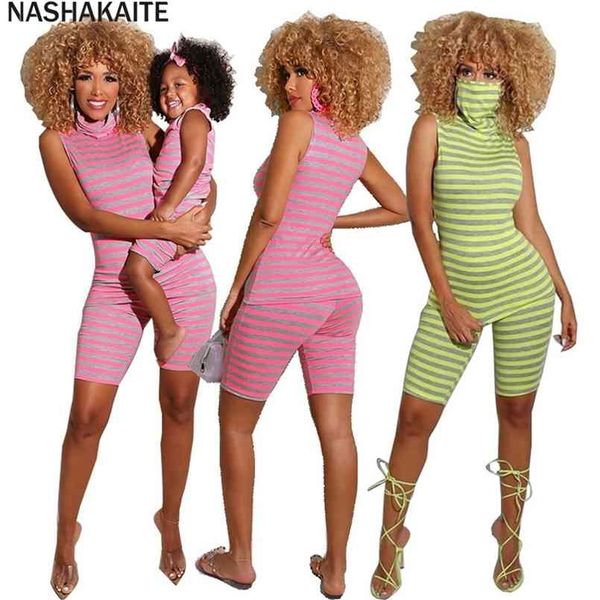 

nashakaite mum and daughter clothes summer striped sleeveless casual jumpsuit romper mommy me outfits family look 210724, Blue