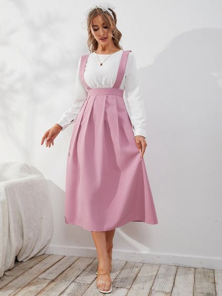 

pleated hem overall dress & a40w#, White