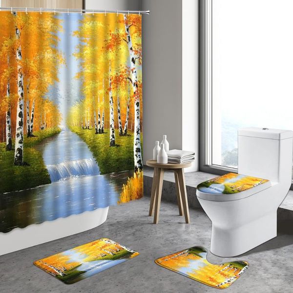 

shower curtains autumn woods oil painting landscape birch tree trunk fall country rural bathroom sets rug bath mat indoor carpet