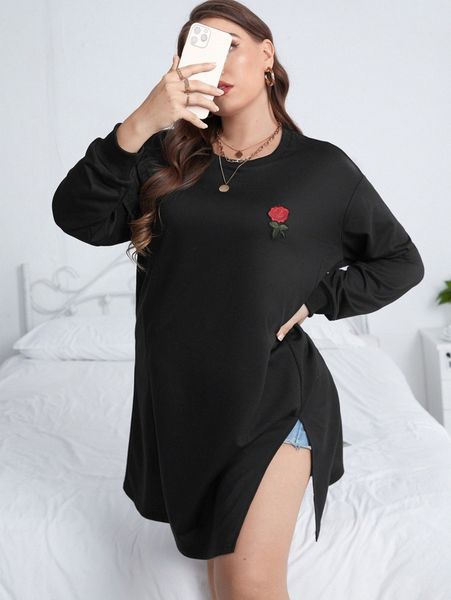

plus rose patched detail slit hem drop shoulder sweatshirt z9ux#, Black