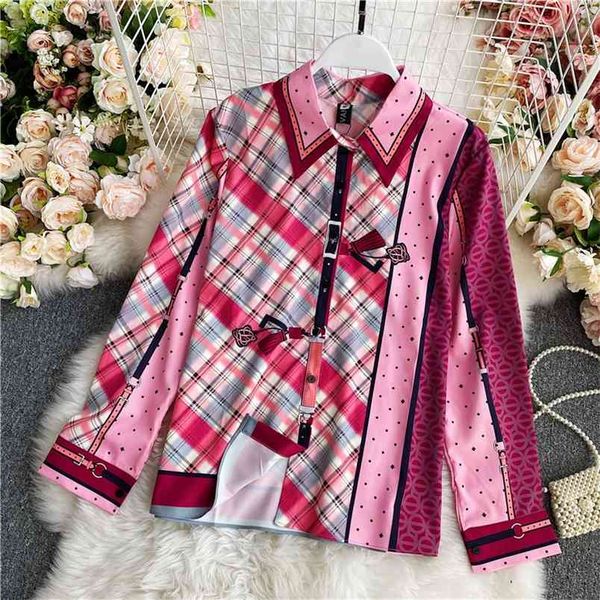

spring and autumn print hit color long-sleeved shirt ladies fashion casual temperament hk167 210506, White