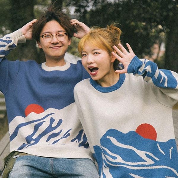 

men's sweaters japanese retro loose round neck sweater men and women autumn ins hong kong style couple knit lazy wind pullover jacket, White;black