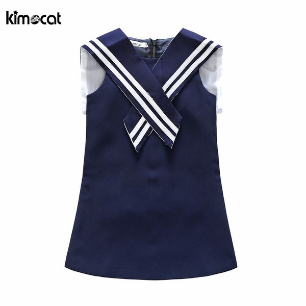 Kimocat Girl Summer Blue Naval stripe senza maniche Abito da principessa carino stile coreano per neonate Designer abito da festa formale Kid Q0716