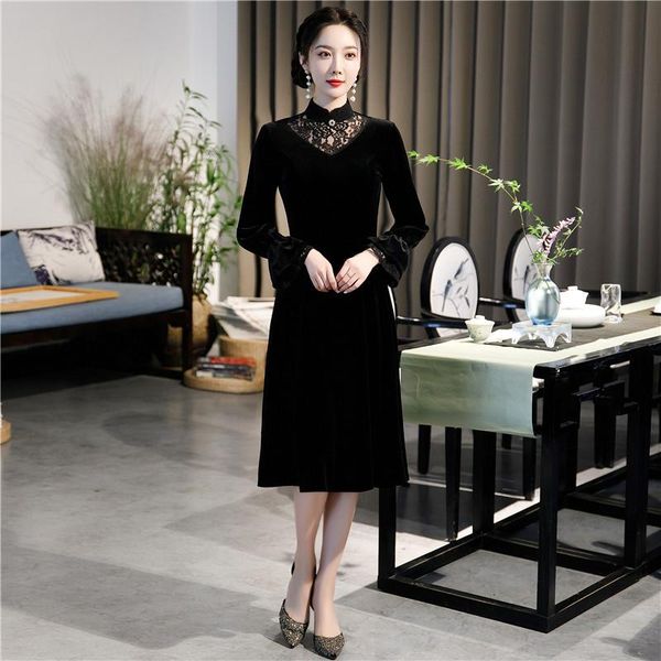

ethnic clothing a-line vintage button cheongsams velour perspective floral lace collar qipao long sleeve dress large size banquet vesti, Red