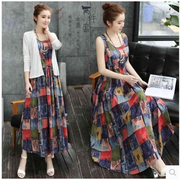 

vintage cotton linen dress with cardigan women plus size printed sleeveless pleated casual literary vestidos dresses 210518, Black;gray