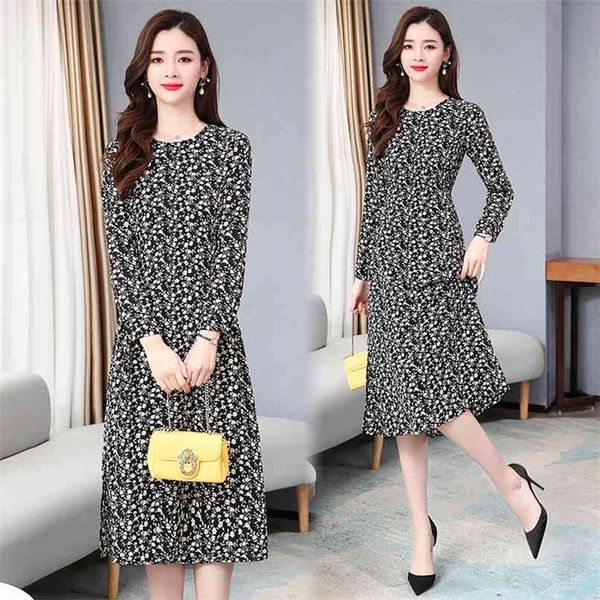 

vintage lady print chiffon midi dresses spring autumn 4xl plus size long sleeve dress elegant women bodycon party vestidos 210528, Black;gray