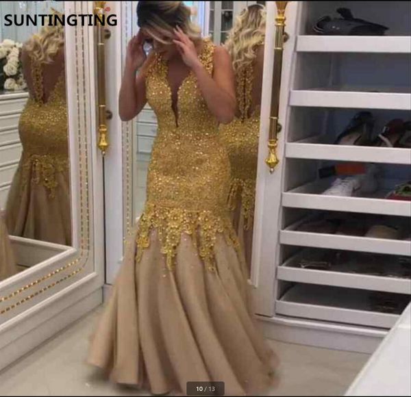 

vestido de festa long gold mermaid prom dresses 2021 v neck lace applique beaded pearls sheer back evening dress red carpet formal party gow, Black