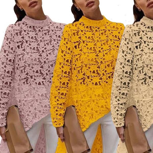 

fashion spring autumn solid color womens blouses hollow out lace high low round neck hem, White