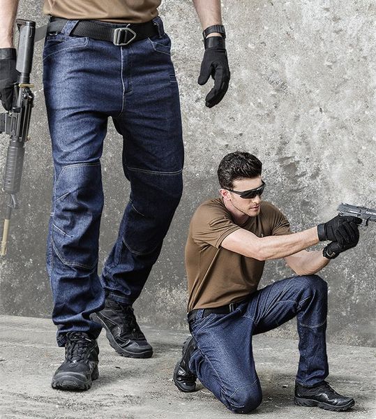 

men's pants elastic denim military tactical men army swat combat jeans cargo mens outdoor work multi pockets trousers, Black