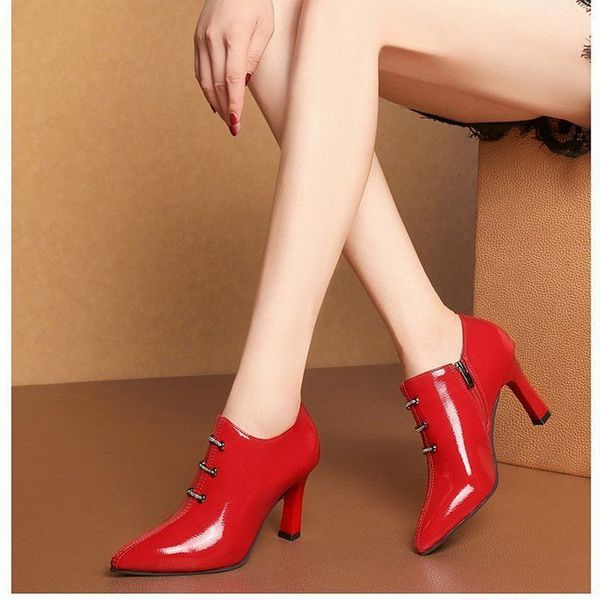 

fhanchu shining pu leather women naked boots2022 new autumn shoesankle botaspointed toeside zipblackwhitereddropshipping, Black