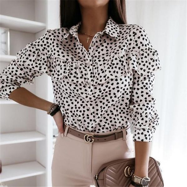 

women's blouses & shirts 2021 fashion women long sleeve summer shirt ruffle peach heart print elegant ol autumn spring clothing, White