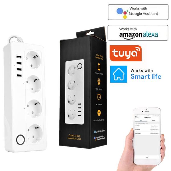 

smart power plugs eu/uk 16a tuya strip 4 outlets plug with usb charging ports wifi remote control support alexa google home