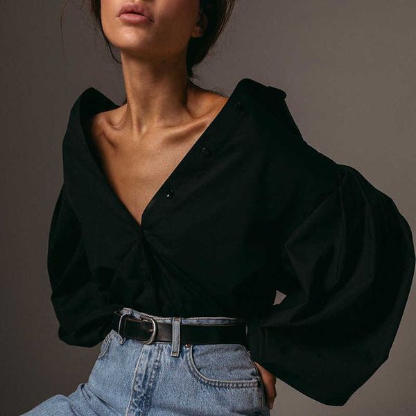 

quanrun fashion women solid puff long sleeve t shirt casual loose femal front buttons streetwear spring summer 210604, White
