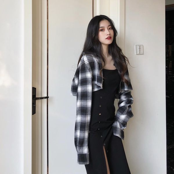 

dress long sleeve shirt short plaid split waist suspend, Black;gray