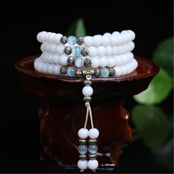 

beaded, strands natural crystal white chalcedony blue cat's eye multi-layer fashion women's bracelet 108 mala jewelry wholeale, Black