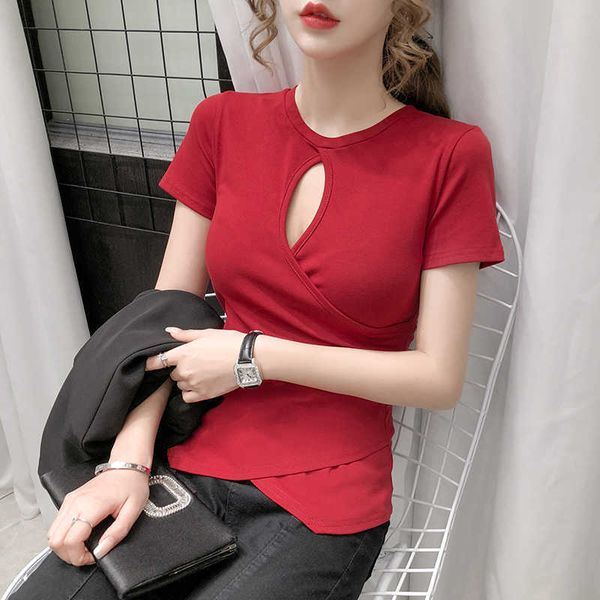 

verhellen 100% cotton t-shirt woman korean design summer women short sleeve o-neck solid tight t shirts female 210706, White