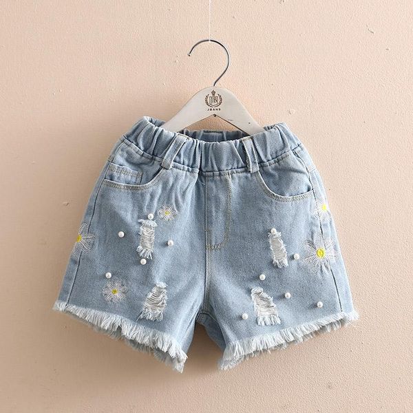 

summer fashion 3 4 6 8 10 12 years children clothes embroidery flower kids baby pearl hole denim shorts for girls, Black