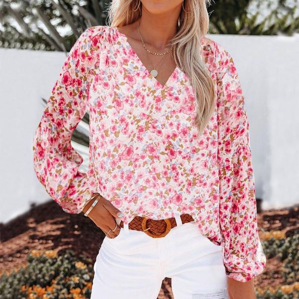 

women's blouses & shirts 2021 women boho fashion floral print v neck long sleeve loose casual female shirt blusas mujer, White