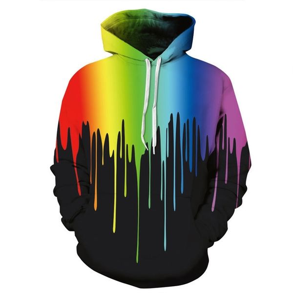 

3d color paint printing pocket pullover fashion hooded men's sweater, Black