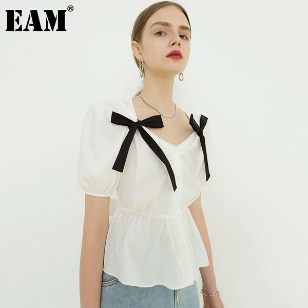 

[eam] women white bow pleated blouse square collar short puff leeve loose fit shirt fashion spring summer 1dd8720 210512