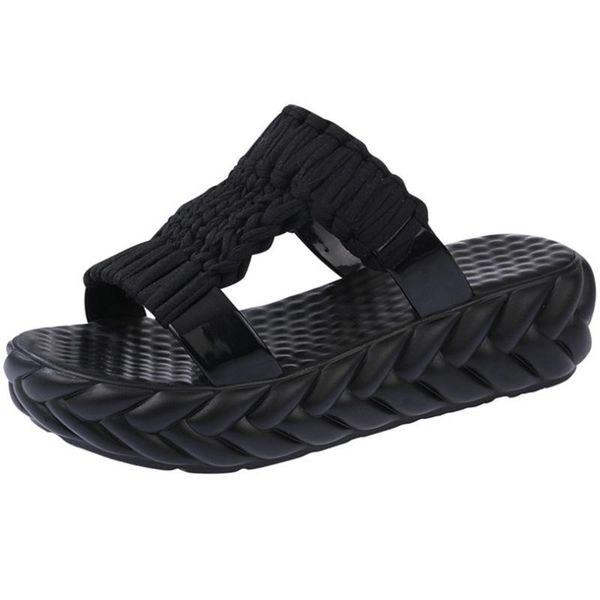 

fashion knit thick sole women flats slippers comfortable anti slip platform shoes outdoor girls summer peep toe slides, Black
