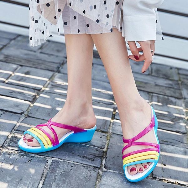 

woman slipper colorfull plastic jelly shoes summer 2021 wedge comfortable slides female sandals slippers, Black