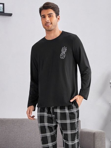 

men pineapple print sleep tee r2to#, Black;brown