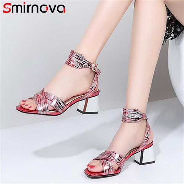 

smirnova 2021 arrive women sandals ankle buckle square heels fashion party dress shoes woman summer, Black
