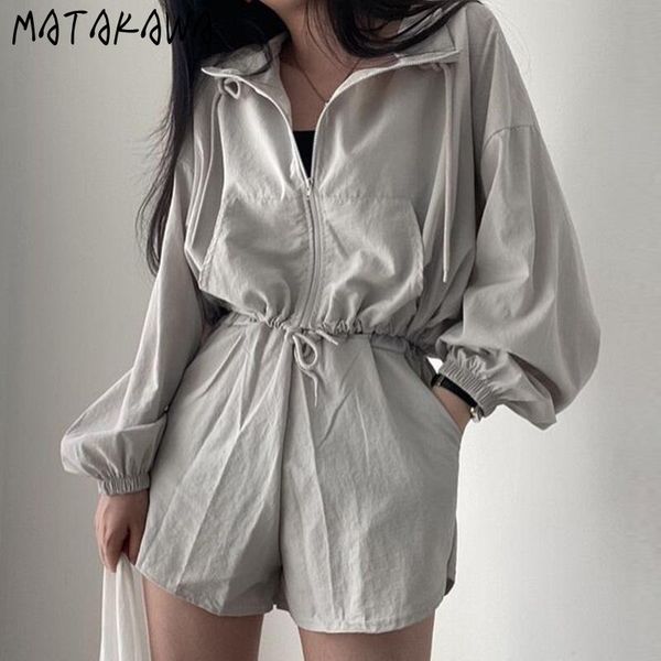 

women's tracksuits matakawa two piece set koeran simple turn down collar pockets lantern sleeve+high waist wide leg shorts solid women, Gray
