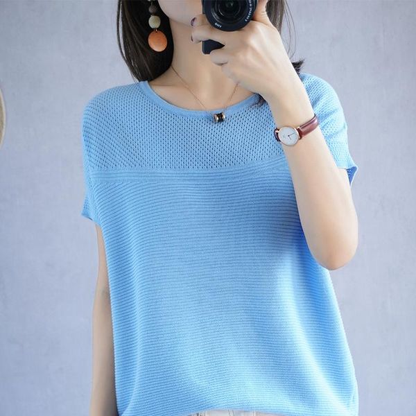 

summer thin 100% pure cotton short-sleeved sweater women's round neck pullover half-sleeved t-shirt hollow, White