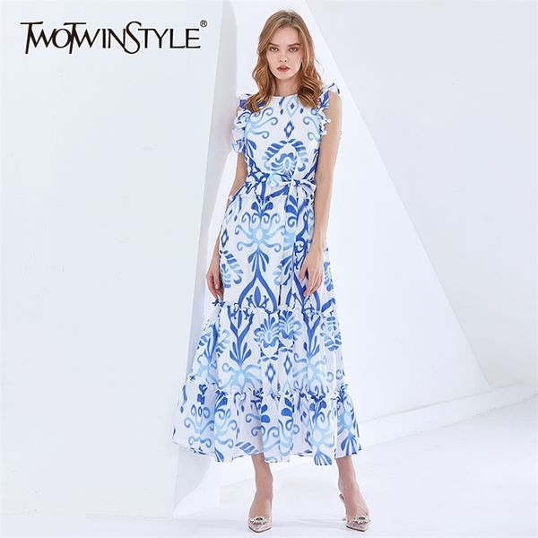 

vintage print spring dress for female o neck sleeveless high waist lace up bowknot patchwork ruffle dresses women 210520, Black;gray