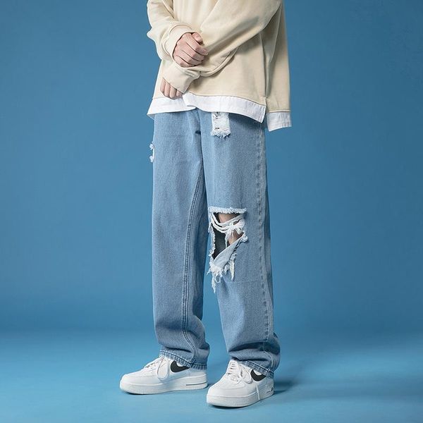

men's jeans ripped loose straight 2021 wide legs thin hanging feeling high street beggar pants, Blue