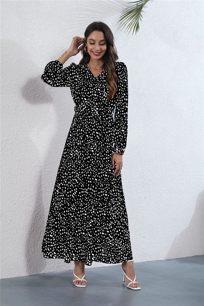 

women dress autumn v neck floral print boho dresses casual dress long sleeve a line dress wrap robe streetwear party size, Black;gray
