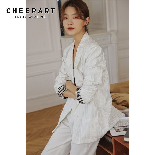 

white ribbed blazer autumn suit jacket women tailored coat korean ladies designer fashion 210427, White;black